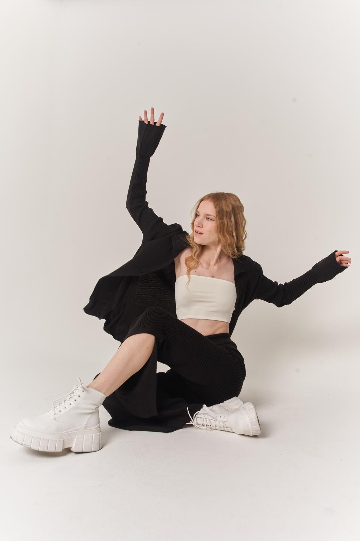 Kadın Siyah Düğmeli Oversize Salaş Triko Hırka Pantolon Yordle Takım Siyah STD