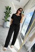 Women's Short Sleeve Crew Neck Viscose Double Thread Blouse and Pants Two-Piece Set