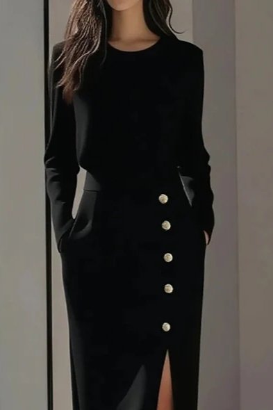 Women's Long Sleeve Crew Neck Side Slit Buttoned Midi Imported Crepe Dress