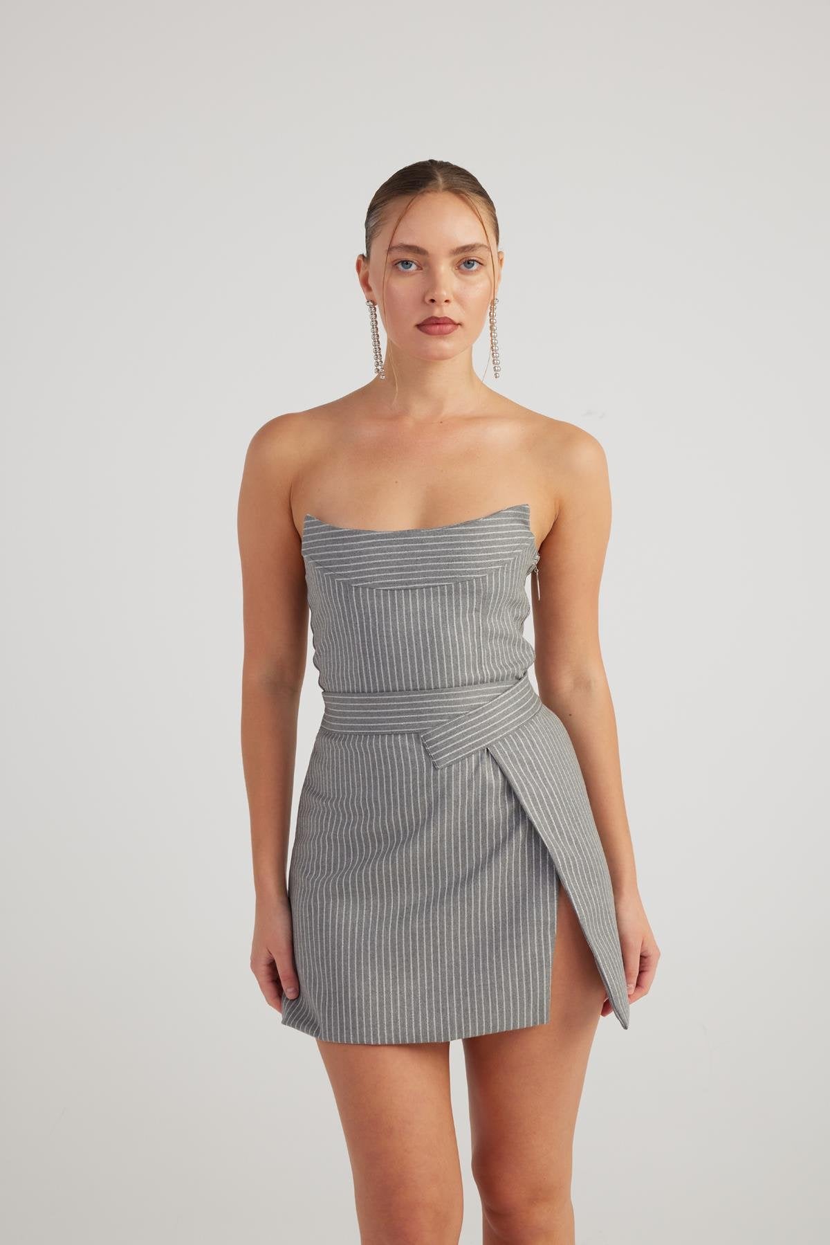 Simli Çizgili Crop Eden Büstiyer Gri Gri L