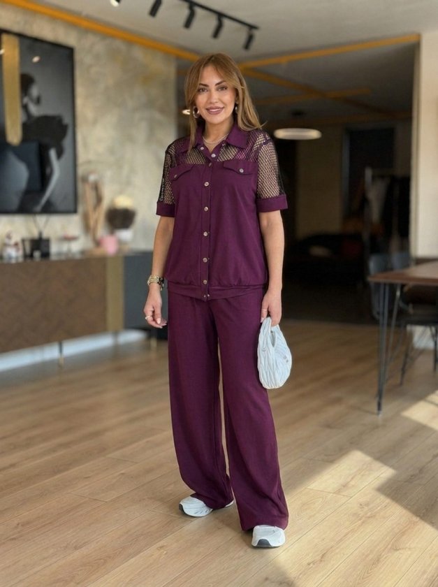 Women’s Short-Sleeve Collared Button-Front Modal Jacket and Pants Set with Mesh Detailing Product Description