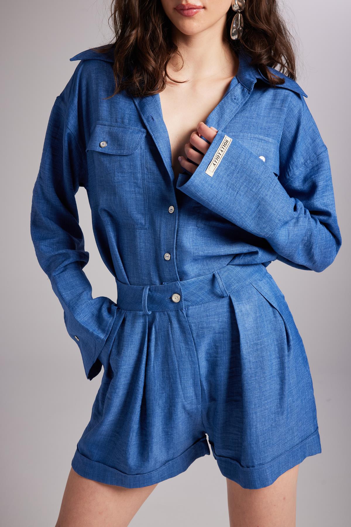 Düğme Kapamalı Mini Julia Şort Mavi