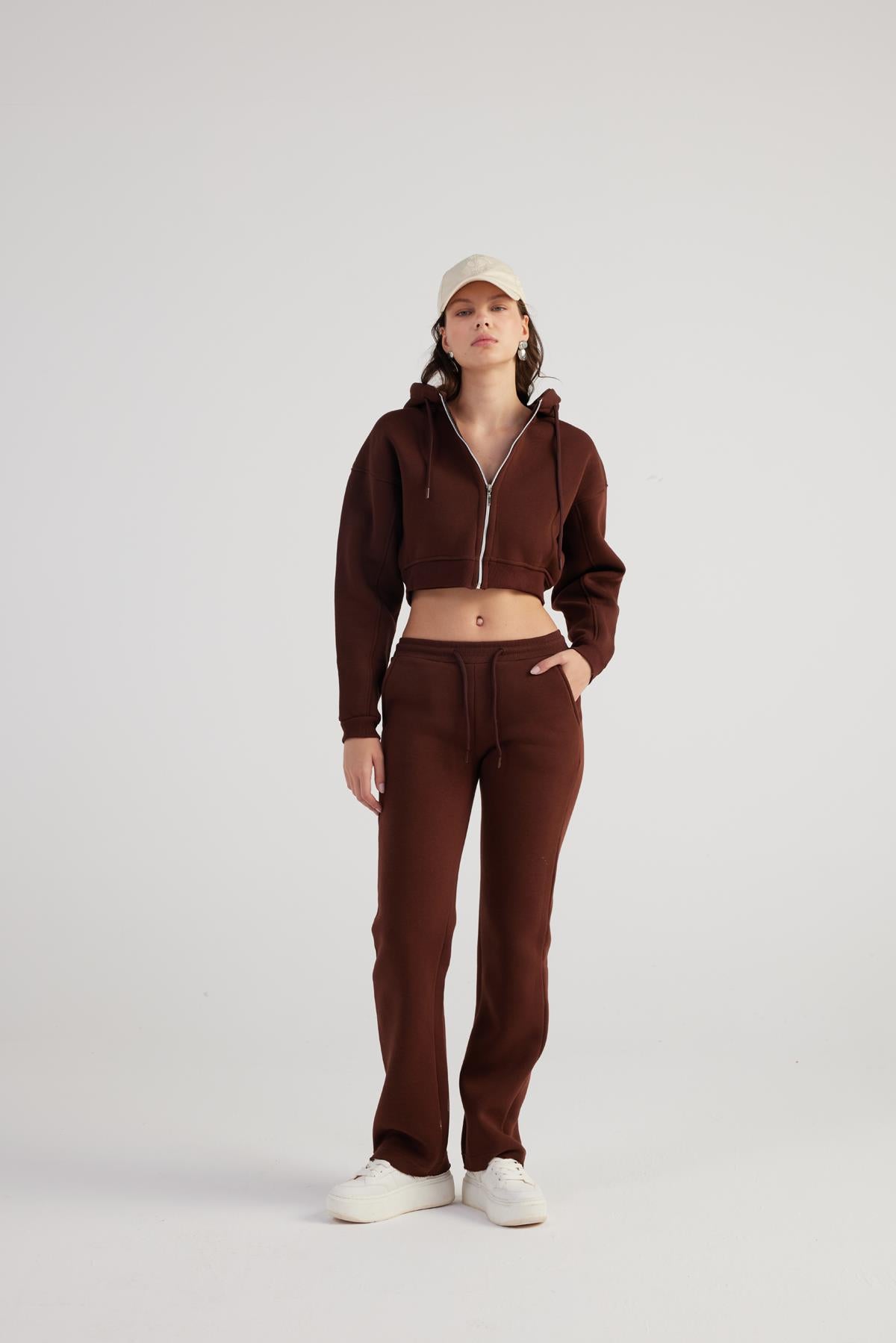 Kadın Kahverengi Kapüşonlu Uzun Kol Fermuarlı Crop Mixed Sweat