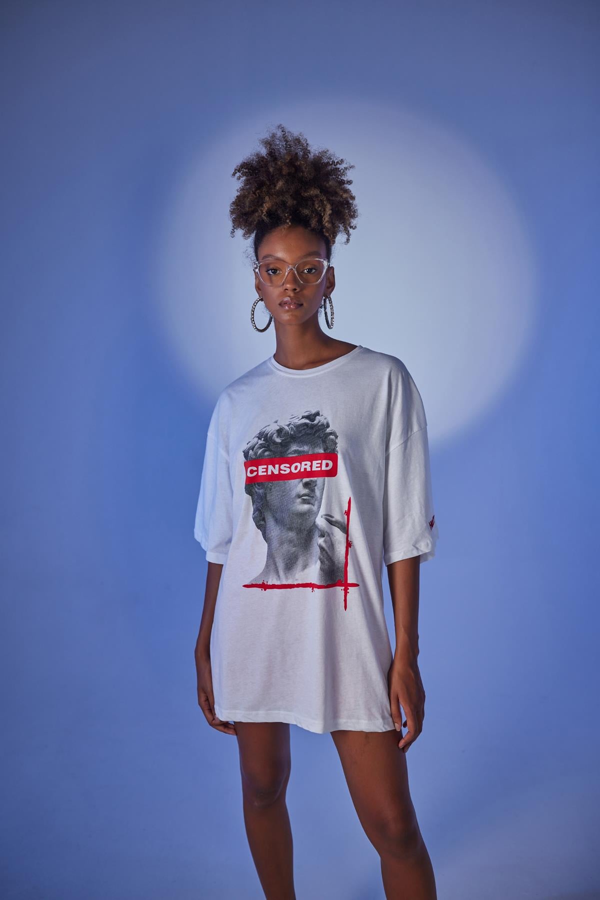 Oversize Baskılı Censored T-Shirt Beyaz