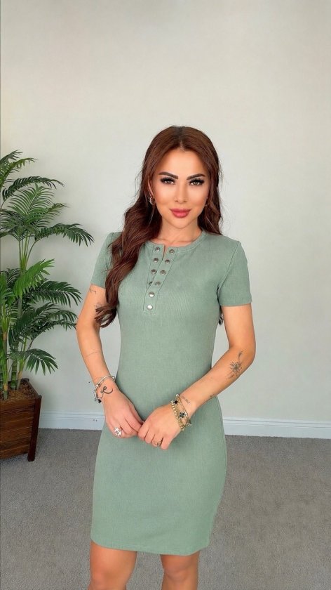 Kadın Kısa Kollu Yuvarlak Yakalı Düğmeli Kısa Kaşkorse Elbise
