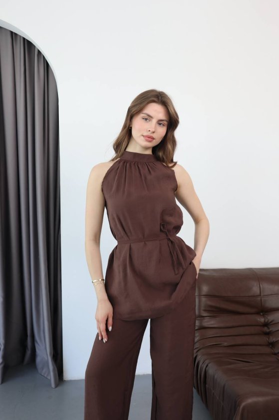 Kadın Halter Yaka Beli Kuşak Detaylı Ikili Takım