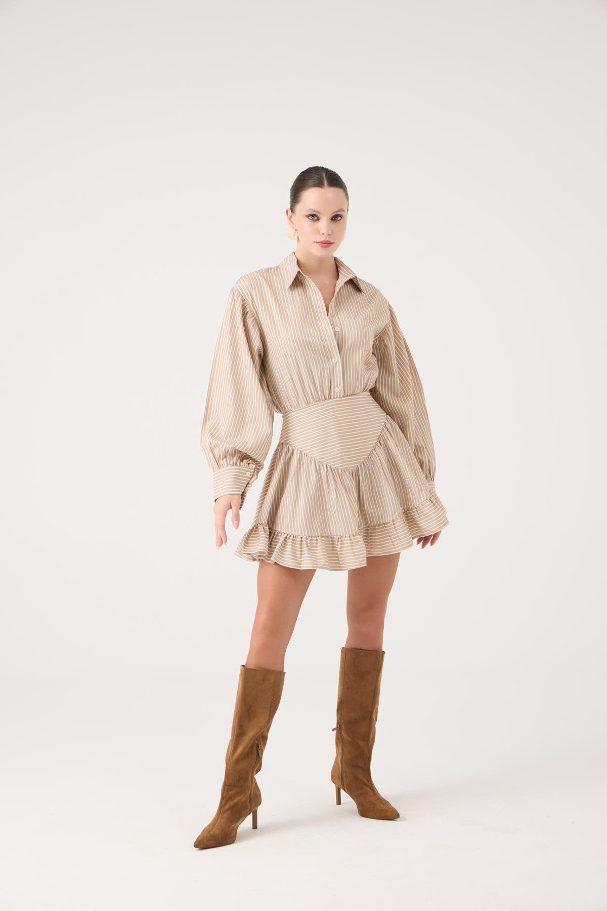 Korse Görünümlü Mini Ashley Elbise Bej Bej L