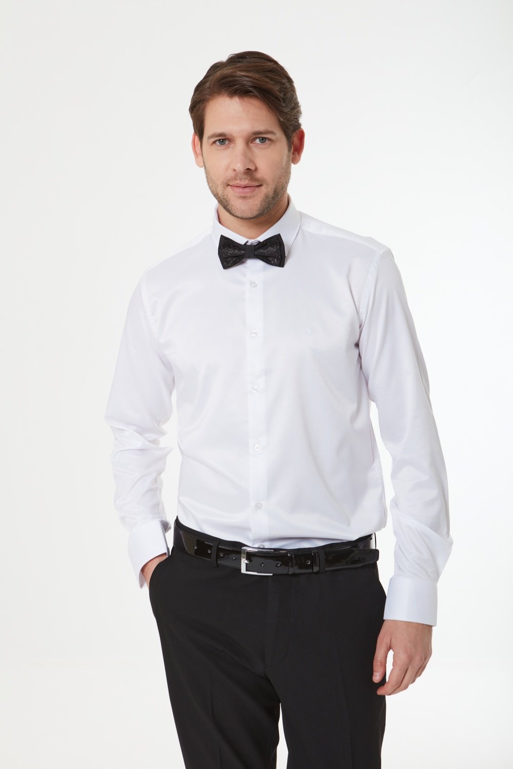 %100 Pamuk Saten Uzun Kollu Slim Fit Erkek Gömlek - Beyaz S