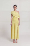 One Shoulder Draped Slit Long Emily Dress Yellow