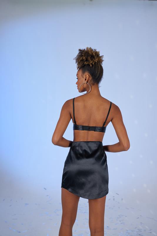 Askılı Crop Saten Fancy Büstiyer Siyah