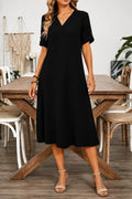 Women's Short Sleeve V Neck Crinkled Midi Dress