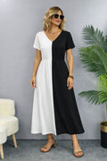 Women's Short Sleeve V-Neck Two-Tone Viscose Midi Dress