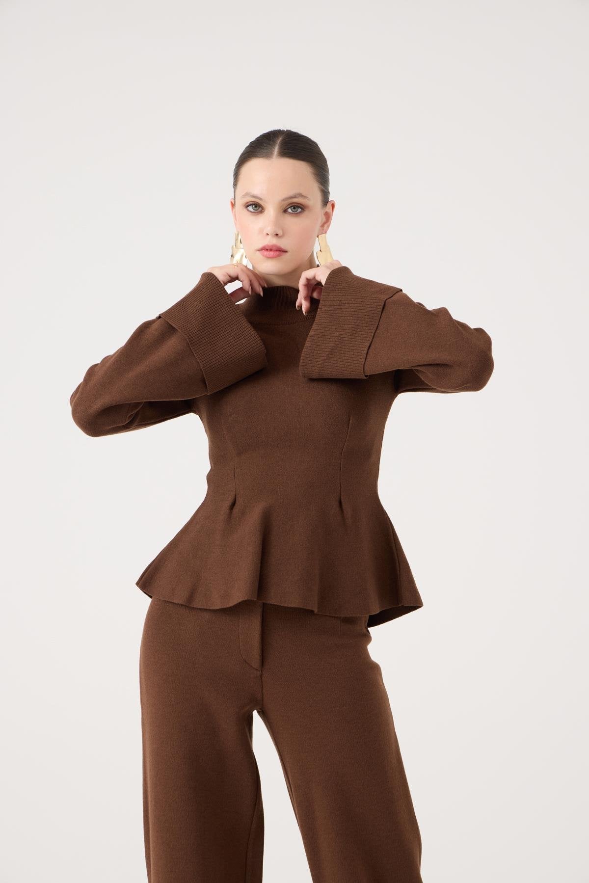 Kazak ve Pantolon İkili Madeline Triko Takım Kahve