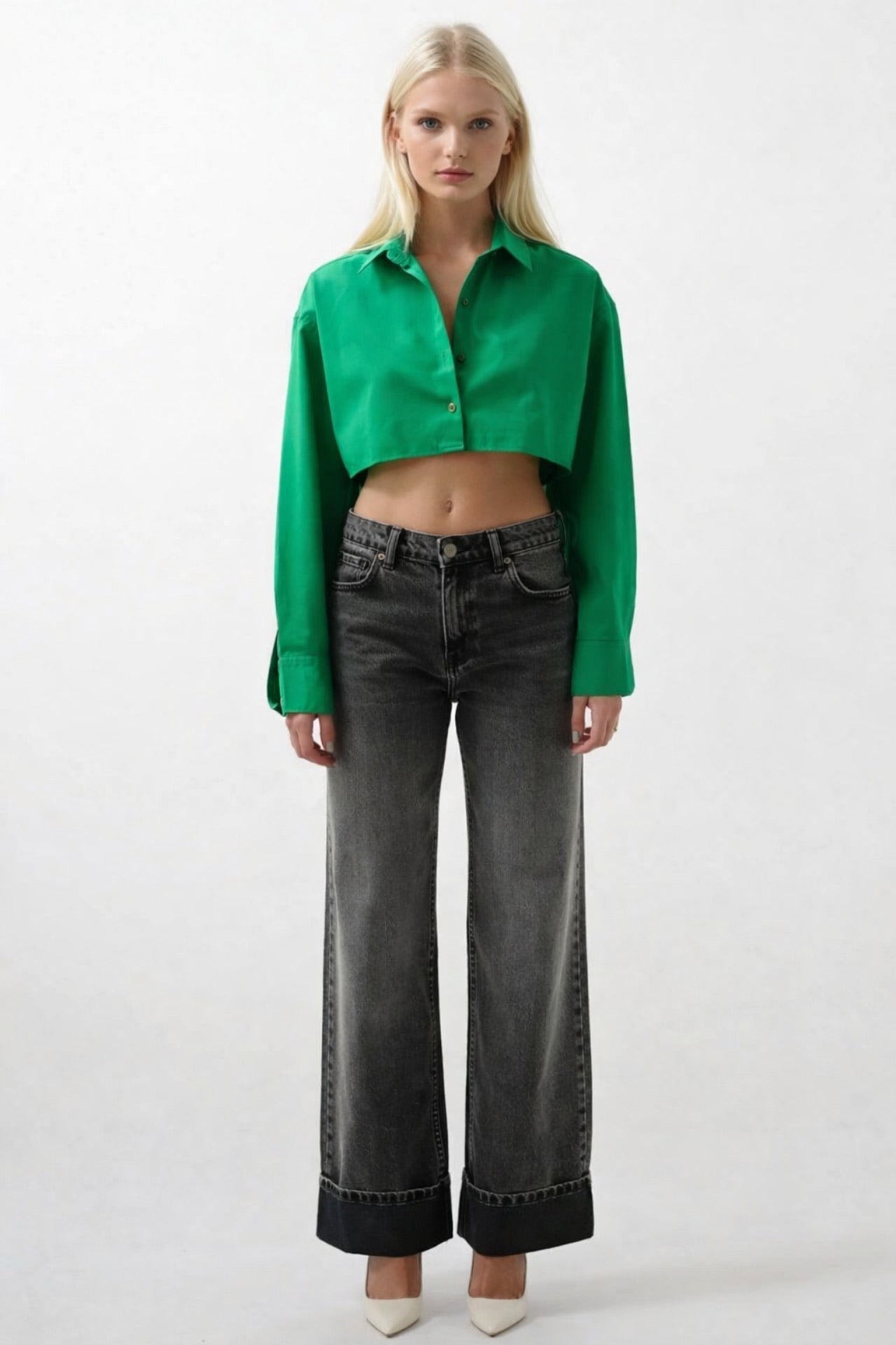 Crop Yeşil Oversize Gömlek