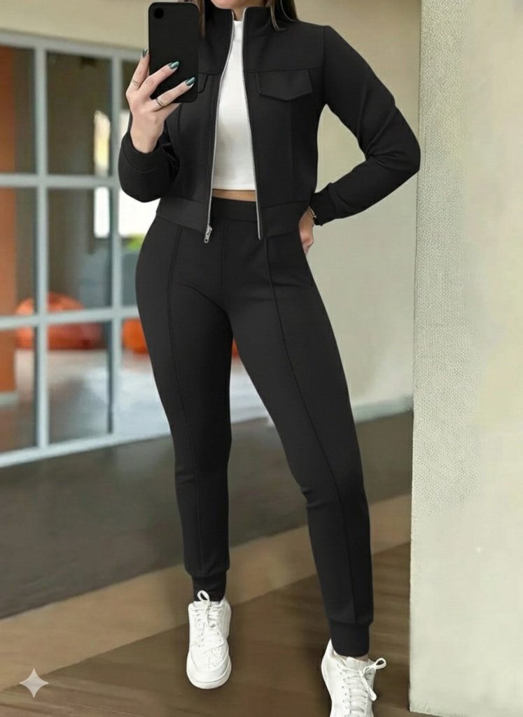Women's Long-Sleeve Zip-Front Cropped Modal Jacket and Pants Two-Piece Set