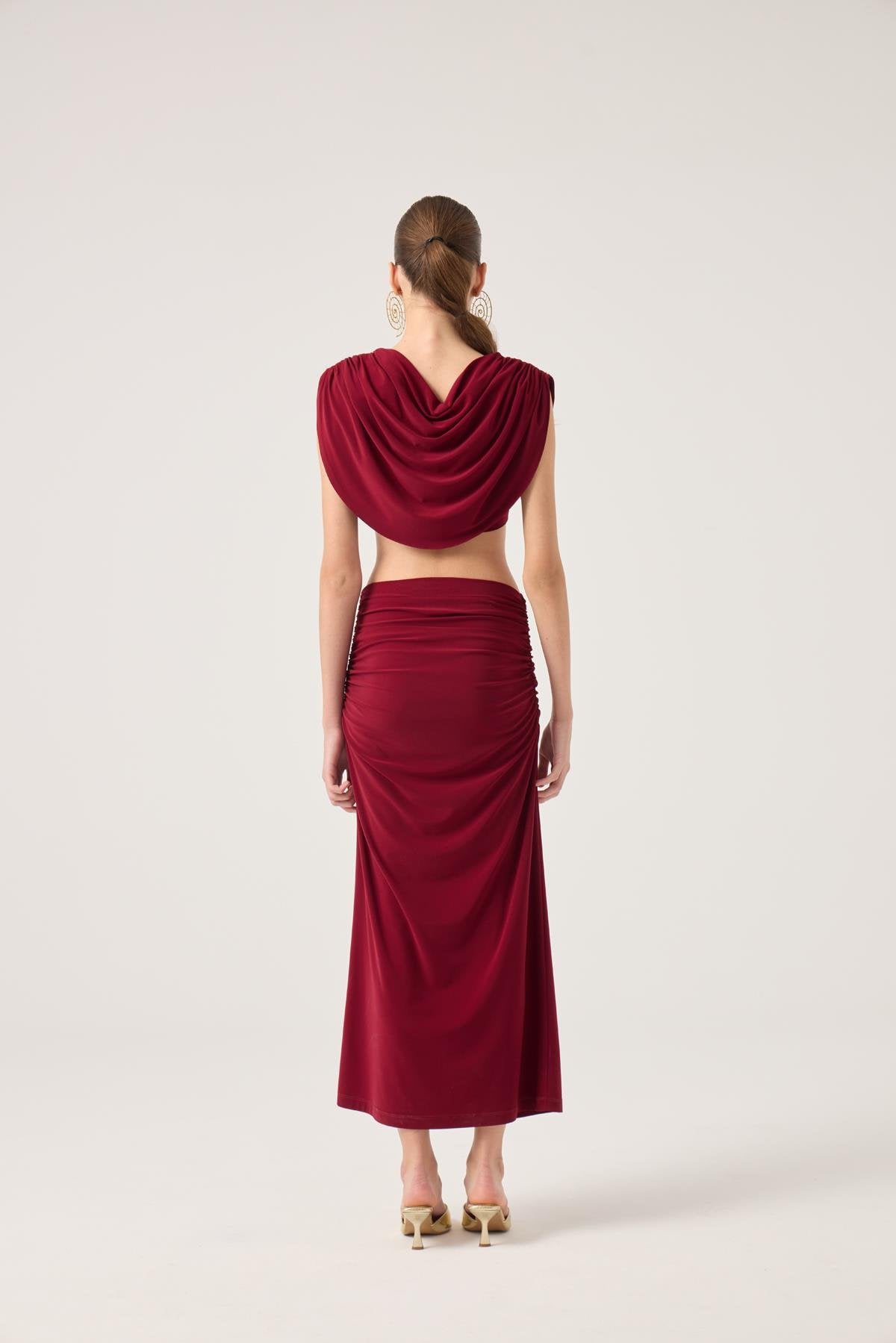 Pelerinli Askılı Büstiyerli ve Uzun Etekli 3lü Yulia Takım Bordo