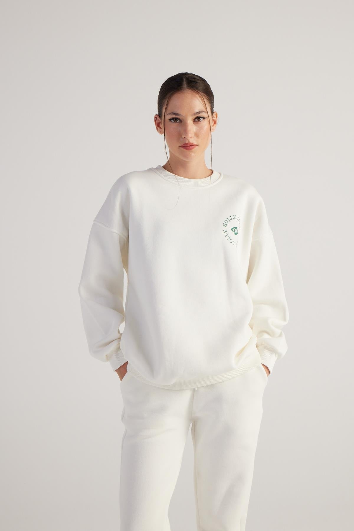 3 İplik Şardonlu Uzun Kol Bisiklet Yaka Fine Sweatshirt Ekru Ekru L