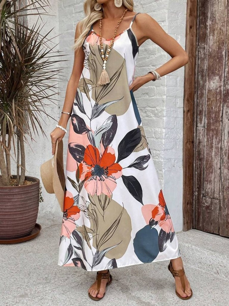 Women's Spaghetti Strap Wide V-Neck Patterned Supreme Dress