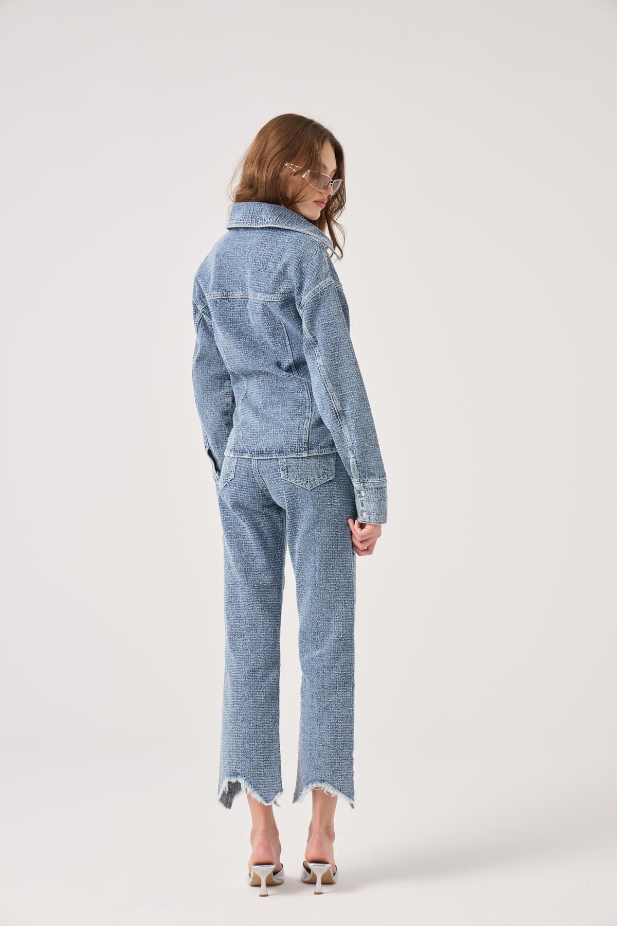 Özel Kumaş Efektli Laura Jean Pantolon Mavi