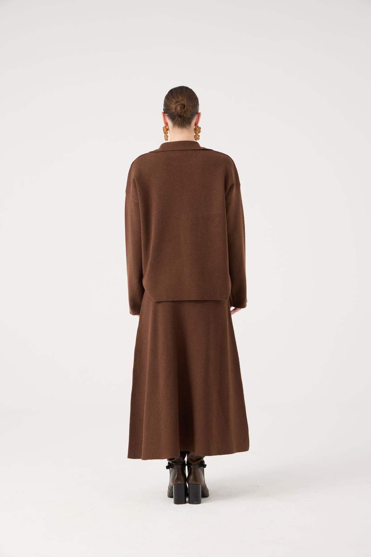 Oversize Kesim Polo Yaka Zoi Triko Kazak Kahve