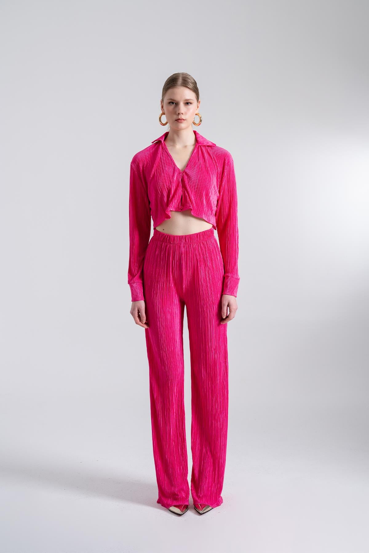 Crop Model Düğme Kapamalı Comfy Crop Gömlek Pembe