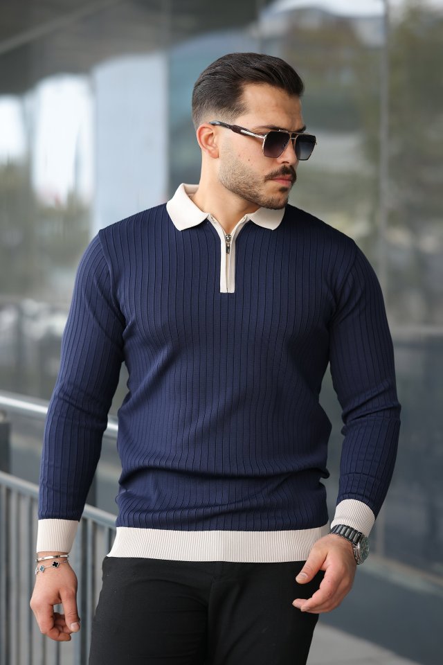 Erkek Kol Ve Yaka Detaylı Uzun Kollu Triko