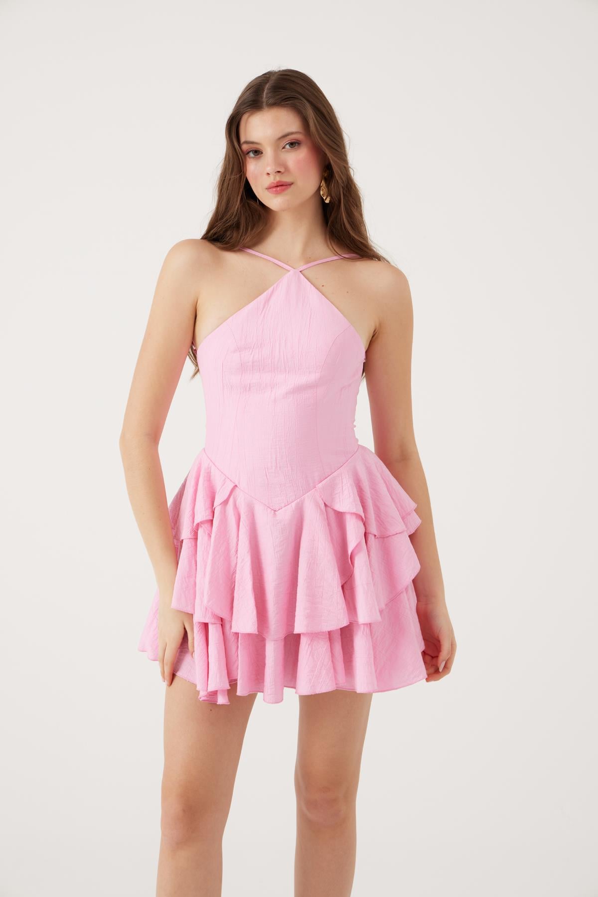 Fırfırlı Halter Yaka Mini Keira Elbise Pembe