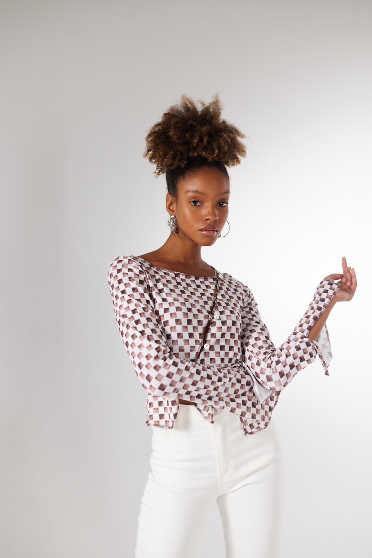 Kadın Kahverengi Damalı Düğme Kapamalı Pierre Bluz