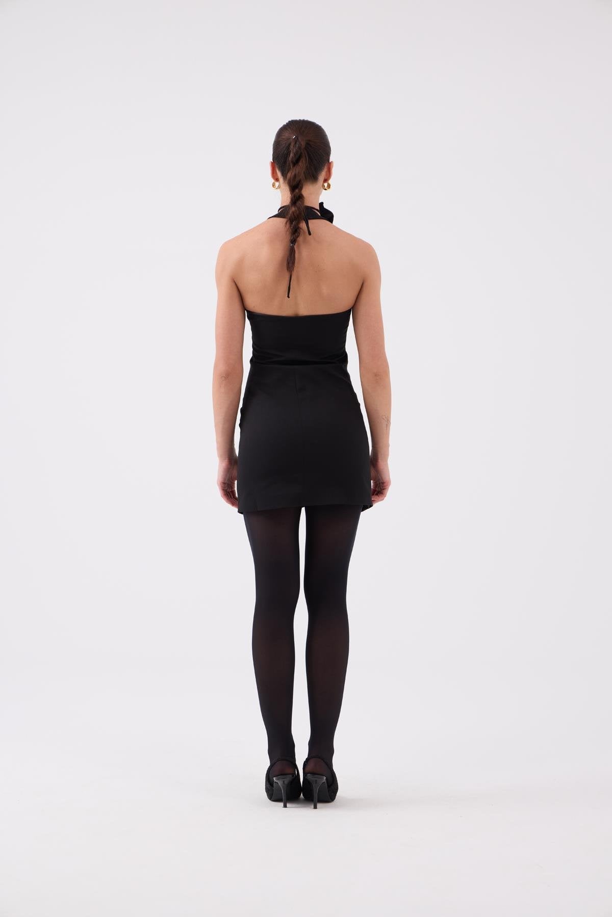 Gül Aksesuarlı Halter Yaka Düğmeli Mini Becca Elbise Siyah