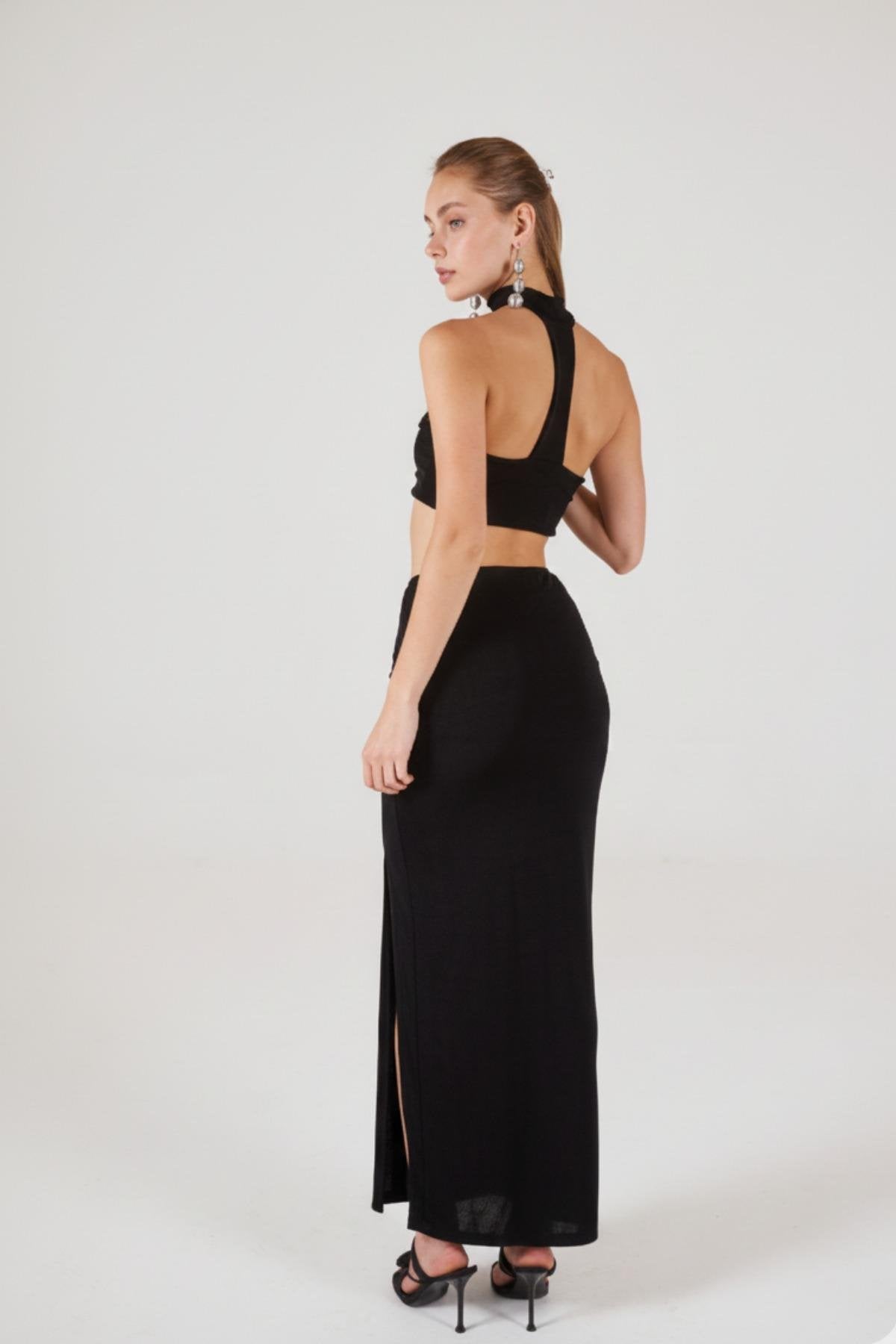 Buzzy Kumaş Yırtmaçlı Maxi Hestia Etek Siyah