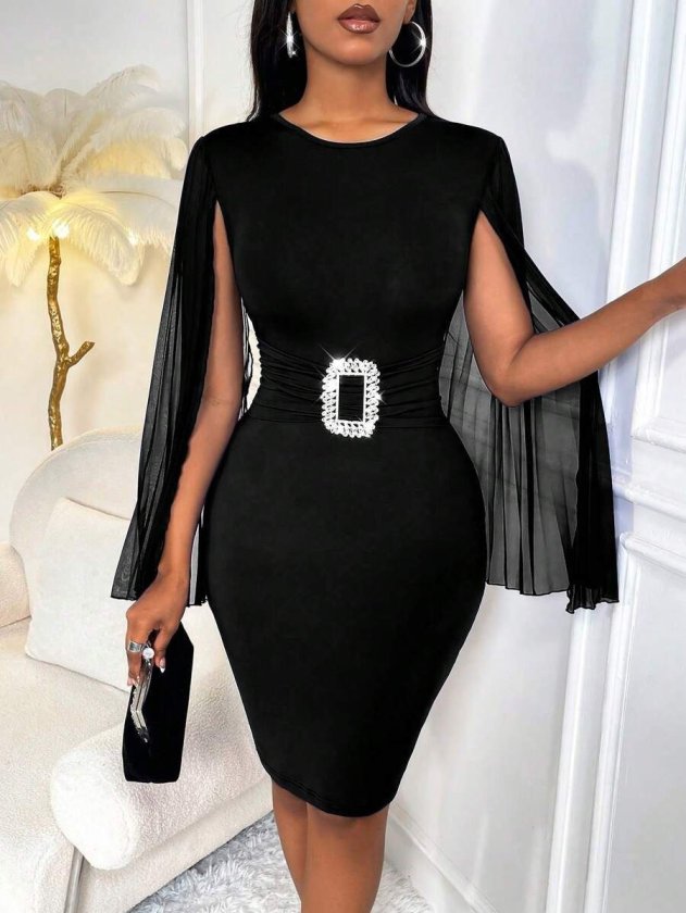 Women's Short Cape Sleeve Round Neck Buckled Short Imported Crepe Dress