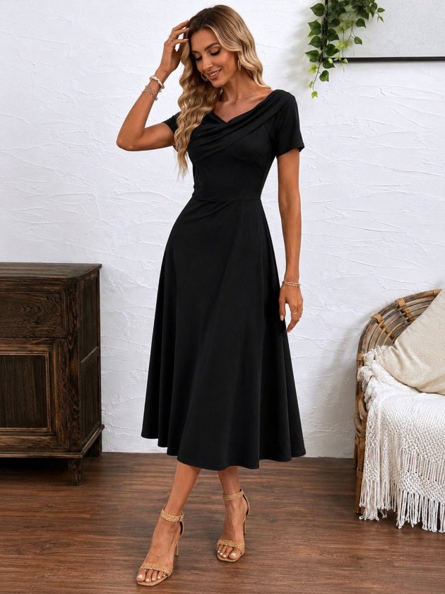Women's Long Sandy Dress with a Wide V-Neck and Ruched Details