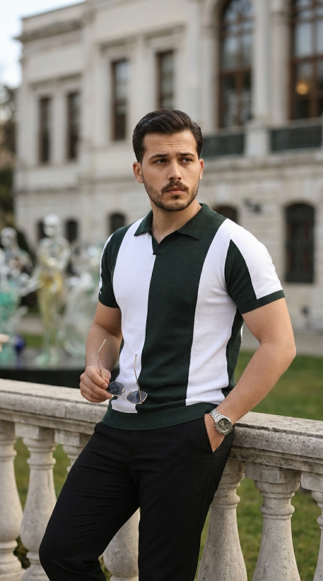 Erkek Kısa Kollu Polo Yakalı Blok Desenli Triko Bluz