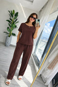 Women's Short Sleeve Crew Neck Viscose Double Thread Blouse and Pants Two-Piece Set