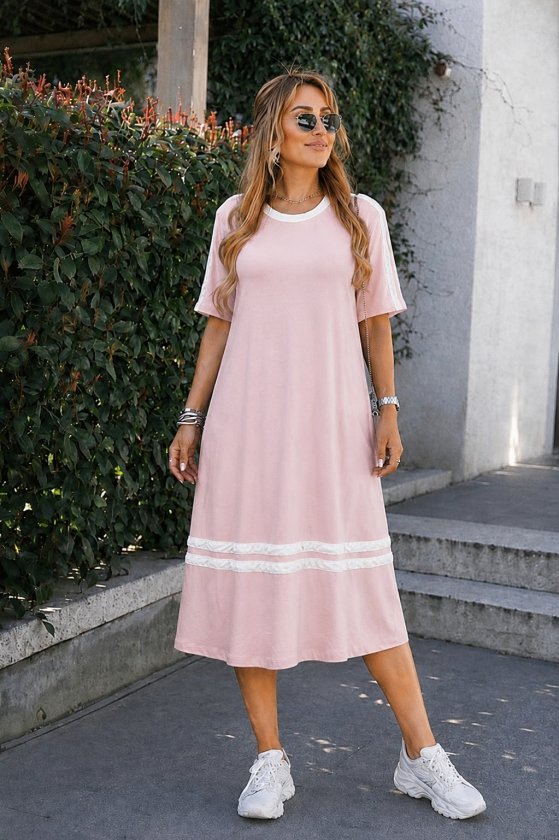 Women's Short Sleeve Crew Neck Stripe Detailed Midi Viscose Dress