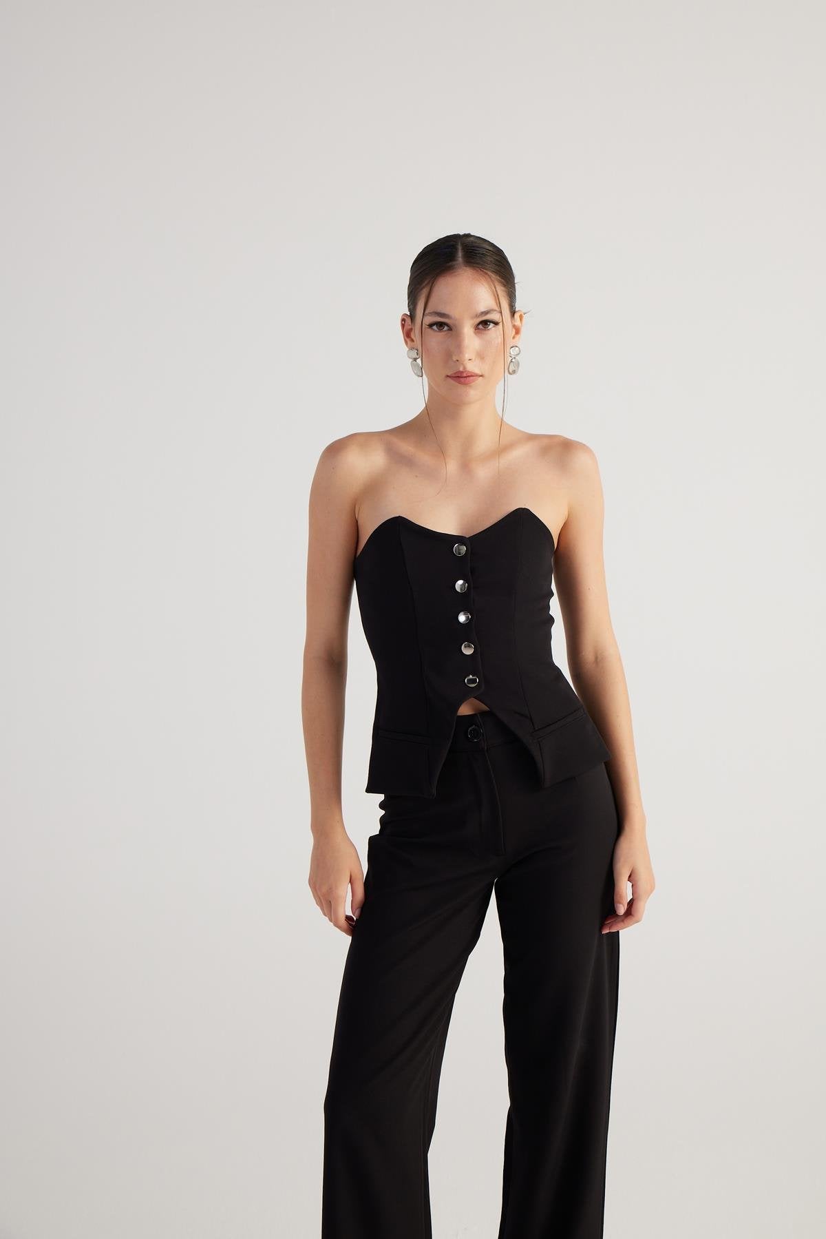 Düğme Detaylı Straplez Nia Bluz Siyah Siyah L