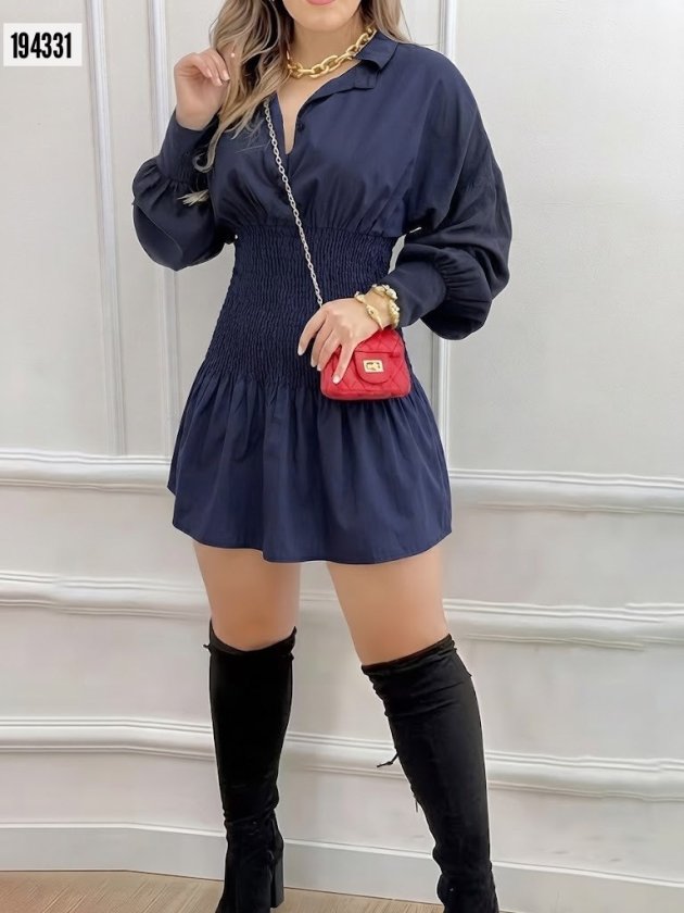 Kadın Uzun Kollu Yakalı Beli Lastikli Trikoton Bluz