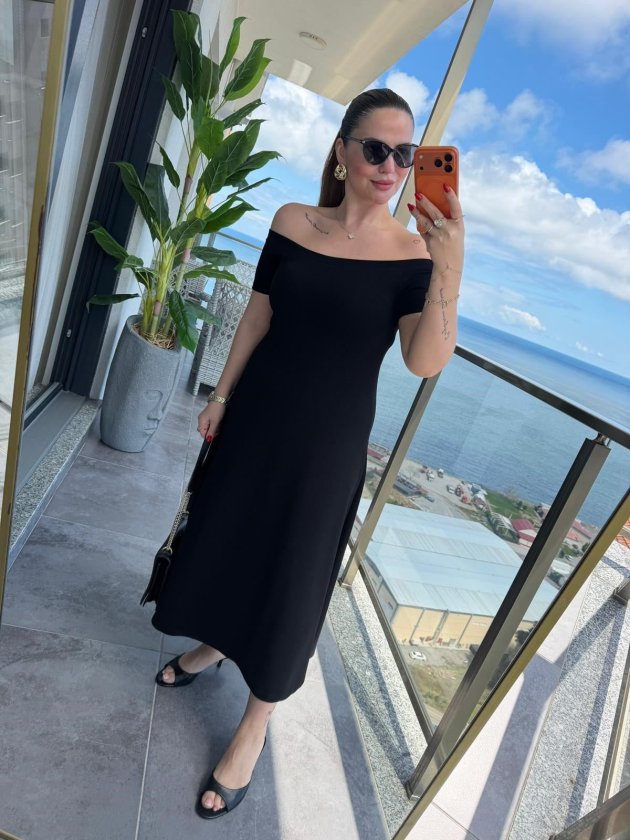Kadın Madonna Yaka Midi Boy Modal Elbise