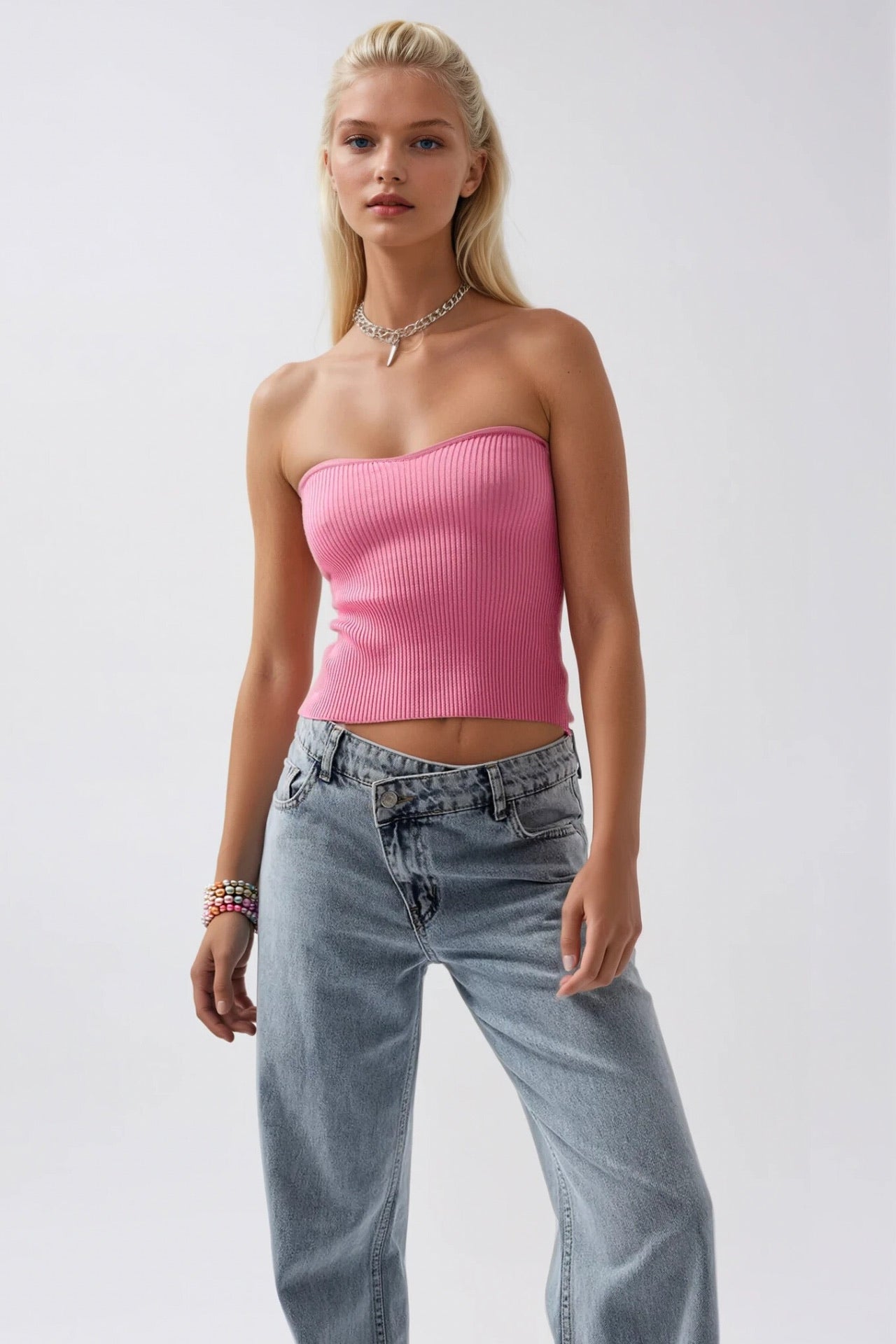 Straplez Dokulu Pembe Crop