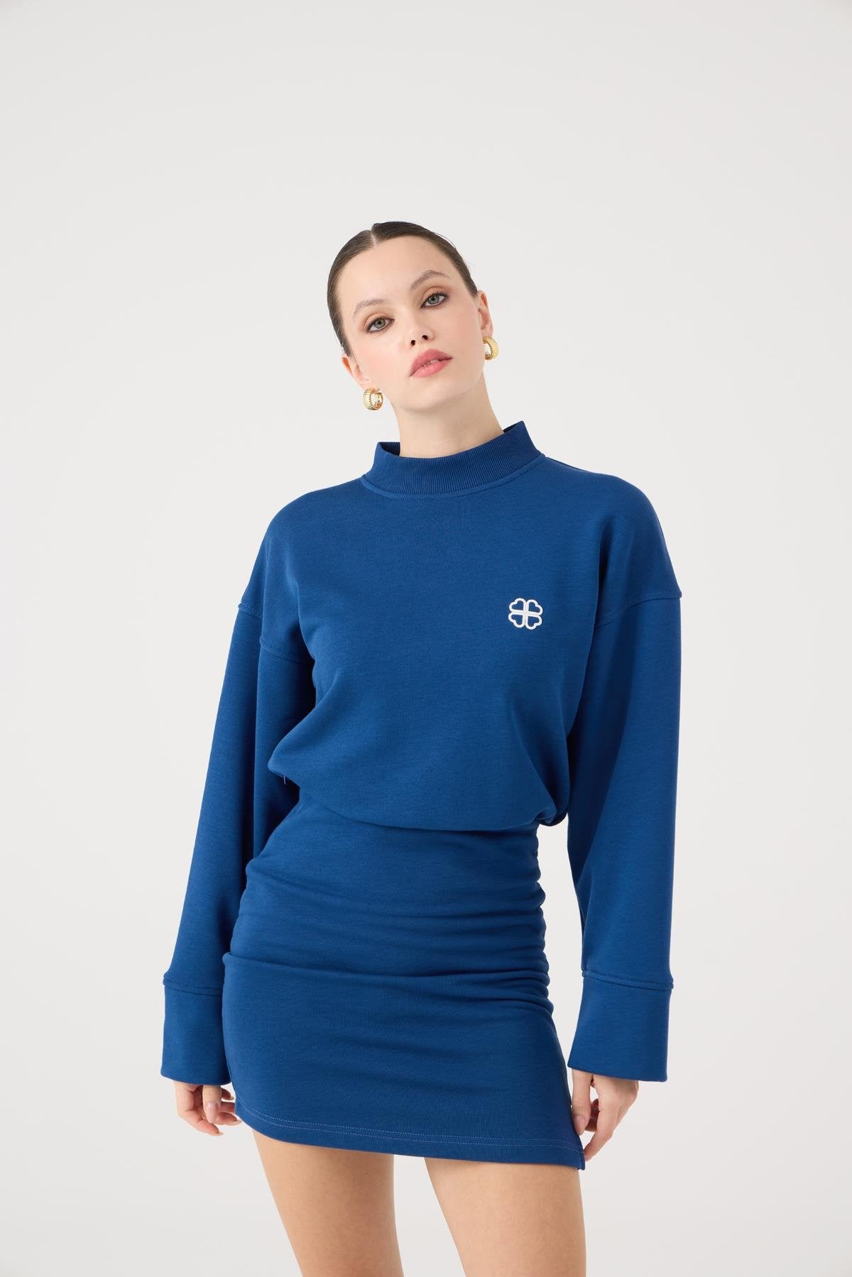 Yırtmaçlı Dokuma Kumaş Mini Claire Elbise Mavi