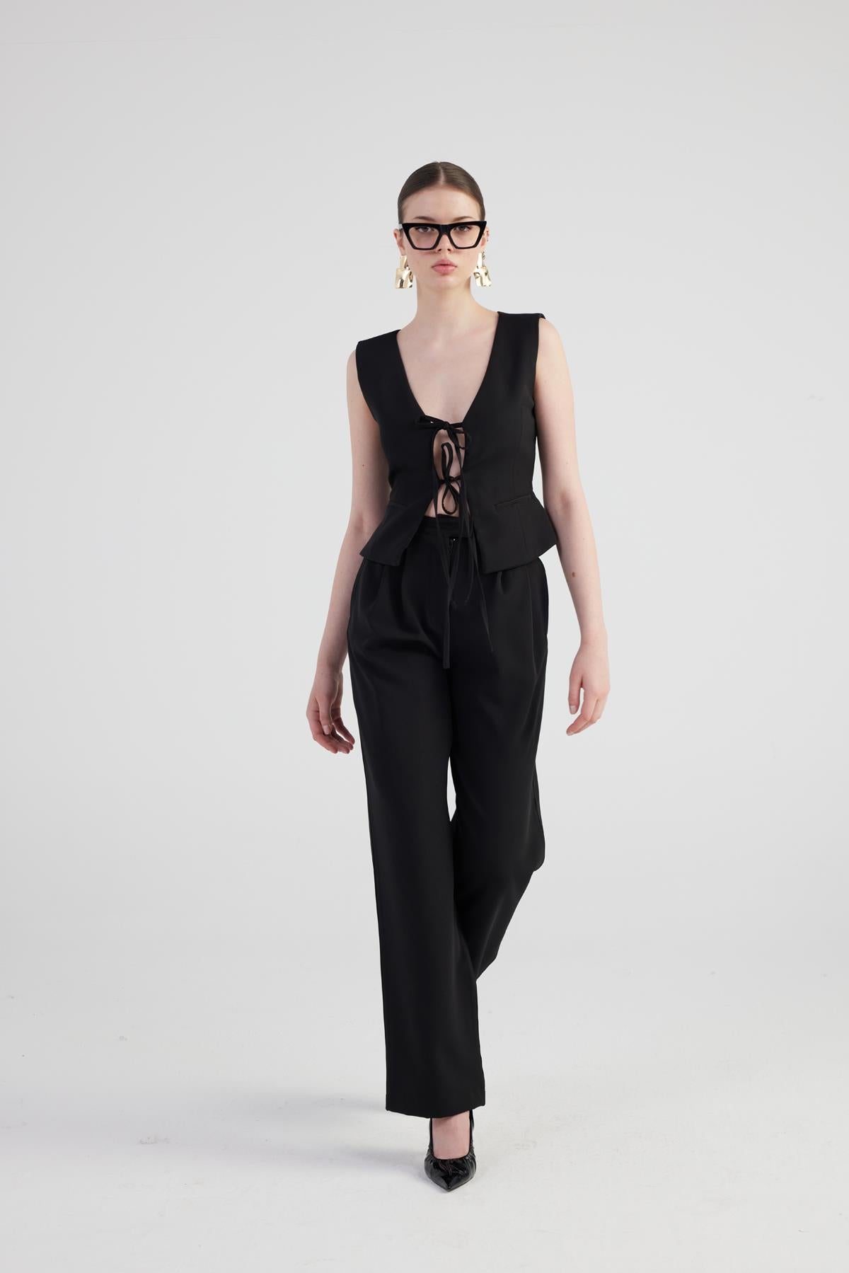 Geniş Paça Pilili Yüksek Bel Palazzo Giselle Pantolon Siyah