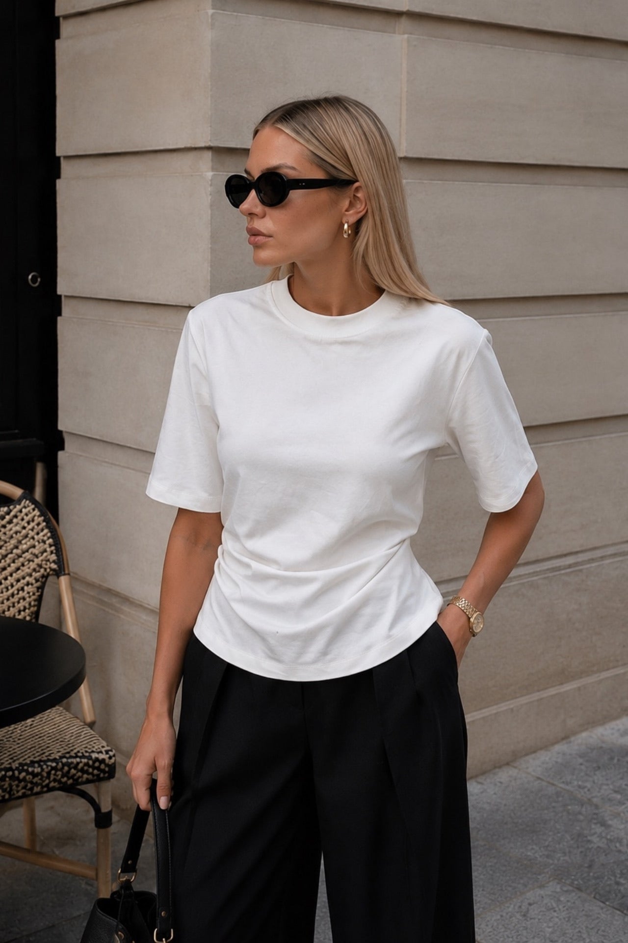Bel Büzgülü Basic Beyaz T-Shirt
