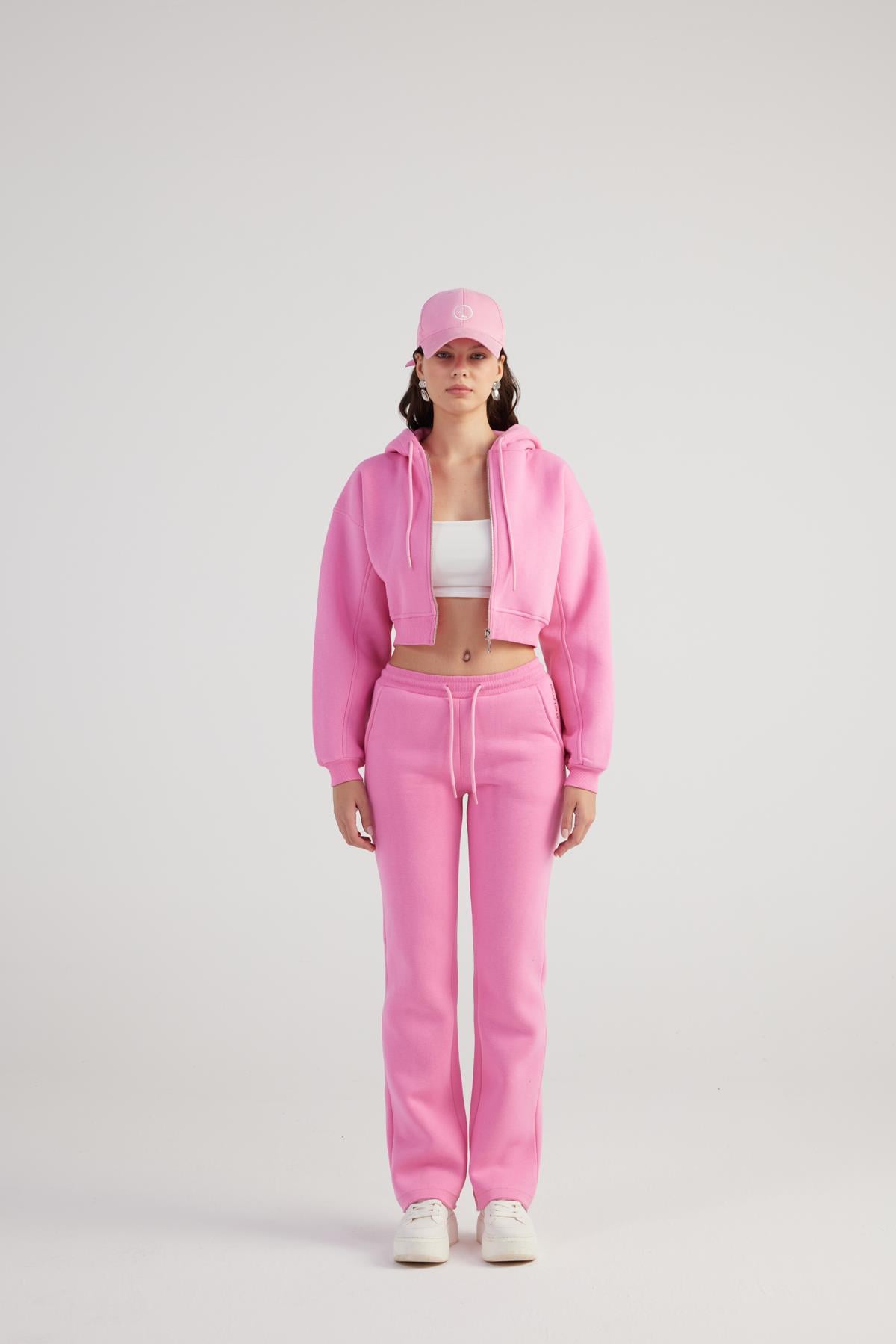 Kadın Pembe Yüksek Bel Straight Kesim Şardonlu Mixed Eşofman Altı