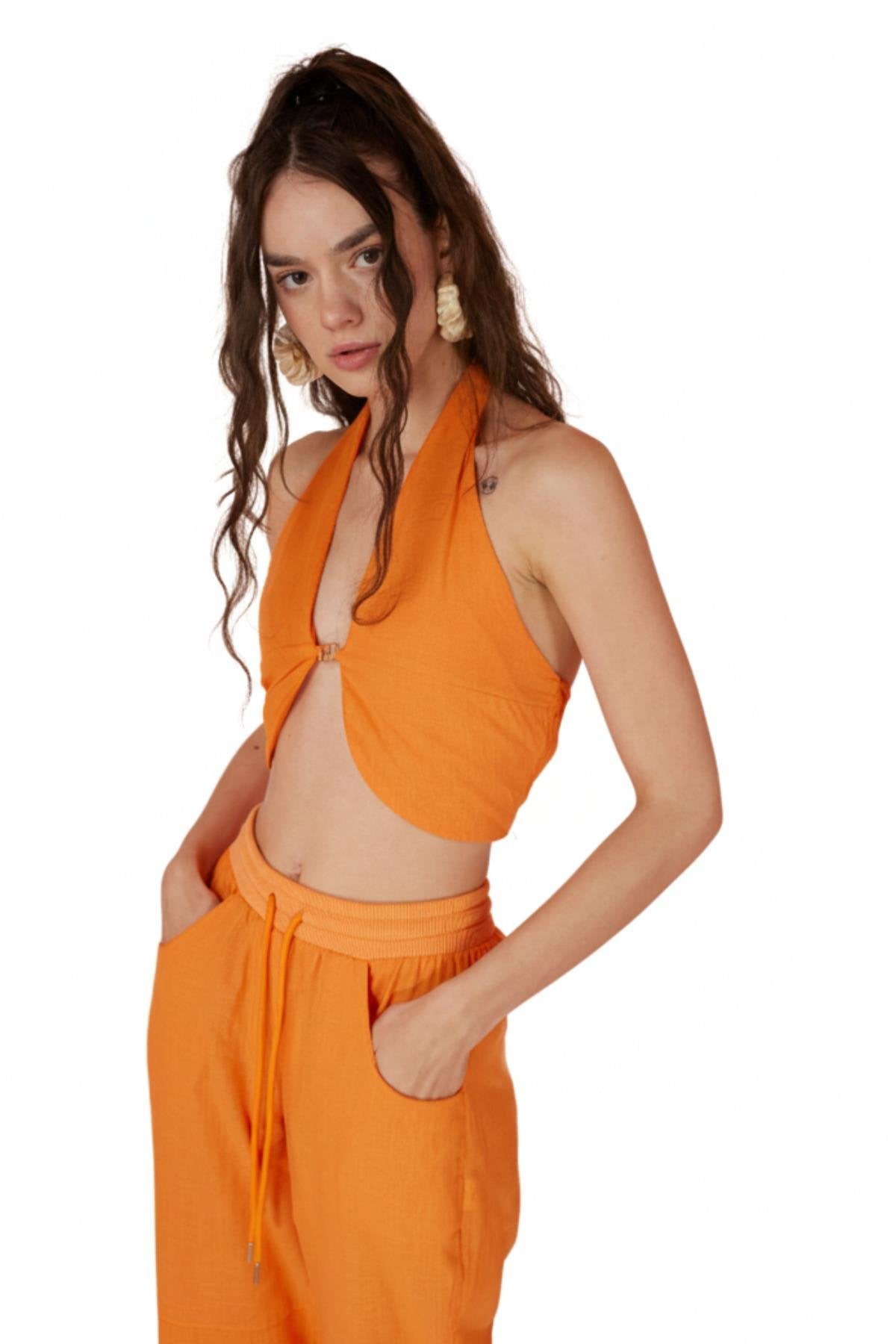 Koton Kumaş H Aksesuarlı Rise Bluz Turuncu