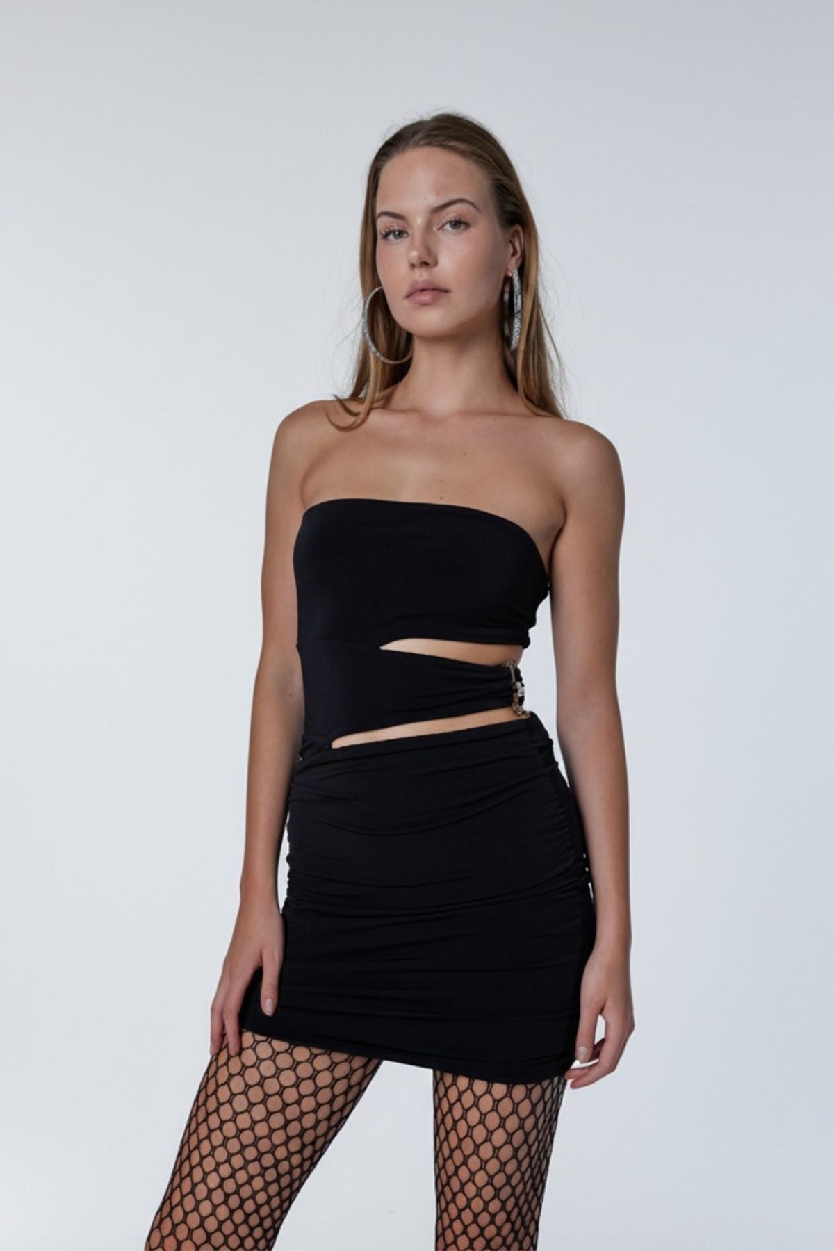 Straplez Mini Buble Elbise Siyah Siyah L