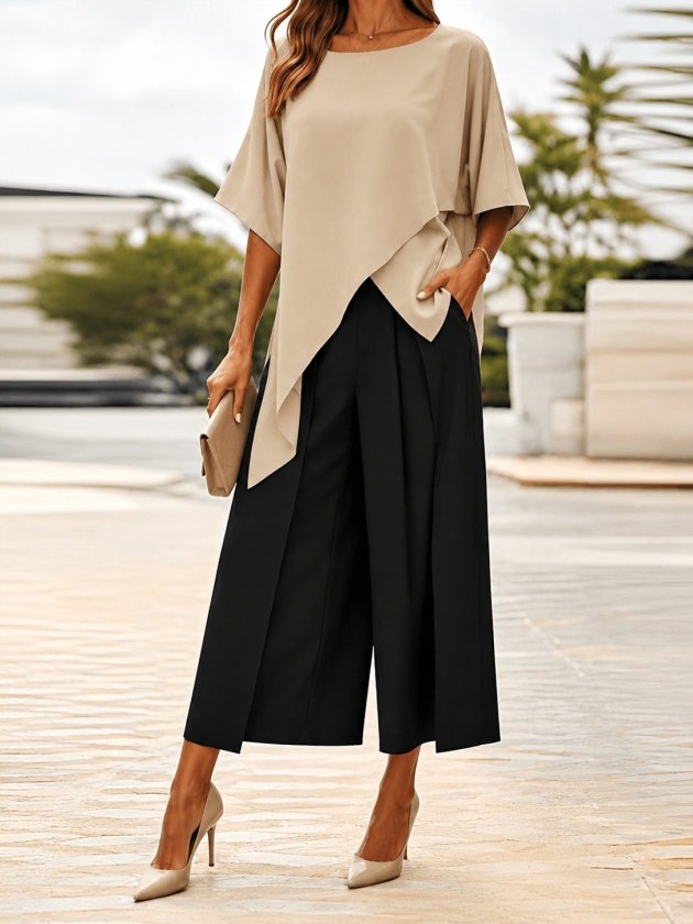 Women’s Short-Sleeve, Round-Neck Dubai Blouse with Asymmetrical Front Cut Detail and High-Waisted Wide-Leg Janjan Crepe Trousers Two-Piece Set