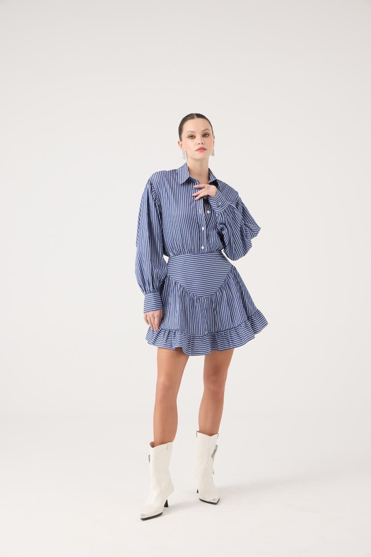 Korse Görünümlü Mini Ashley Elbise Mavi Mavi L