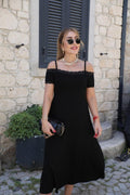 Women's Off-the-Shoulder Short-Sleeve Midi Viscose Dress with Lace Detail Collar