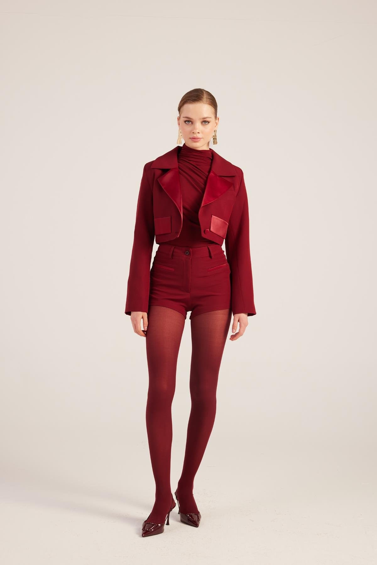 Camila Crop Blazer Ceket Bordo Bordo L