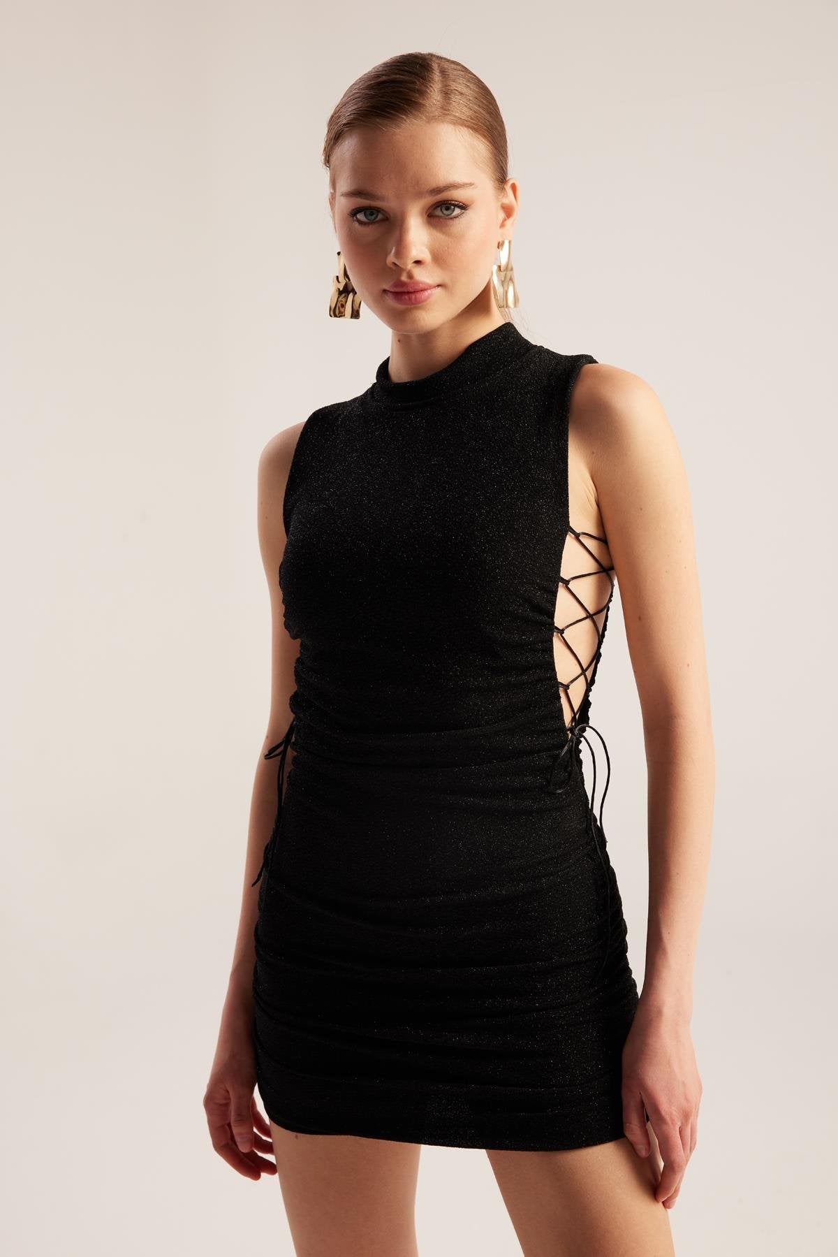 Bağlama Detaylı Simli Mini Fabia Elbise Siyah